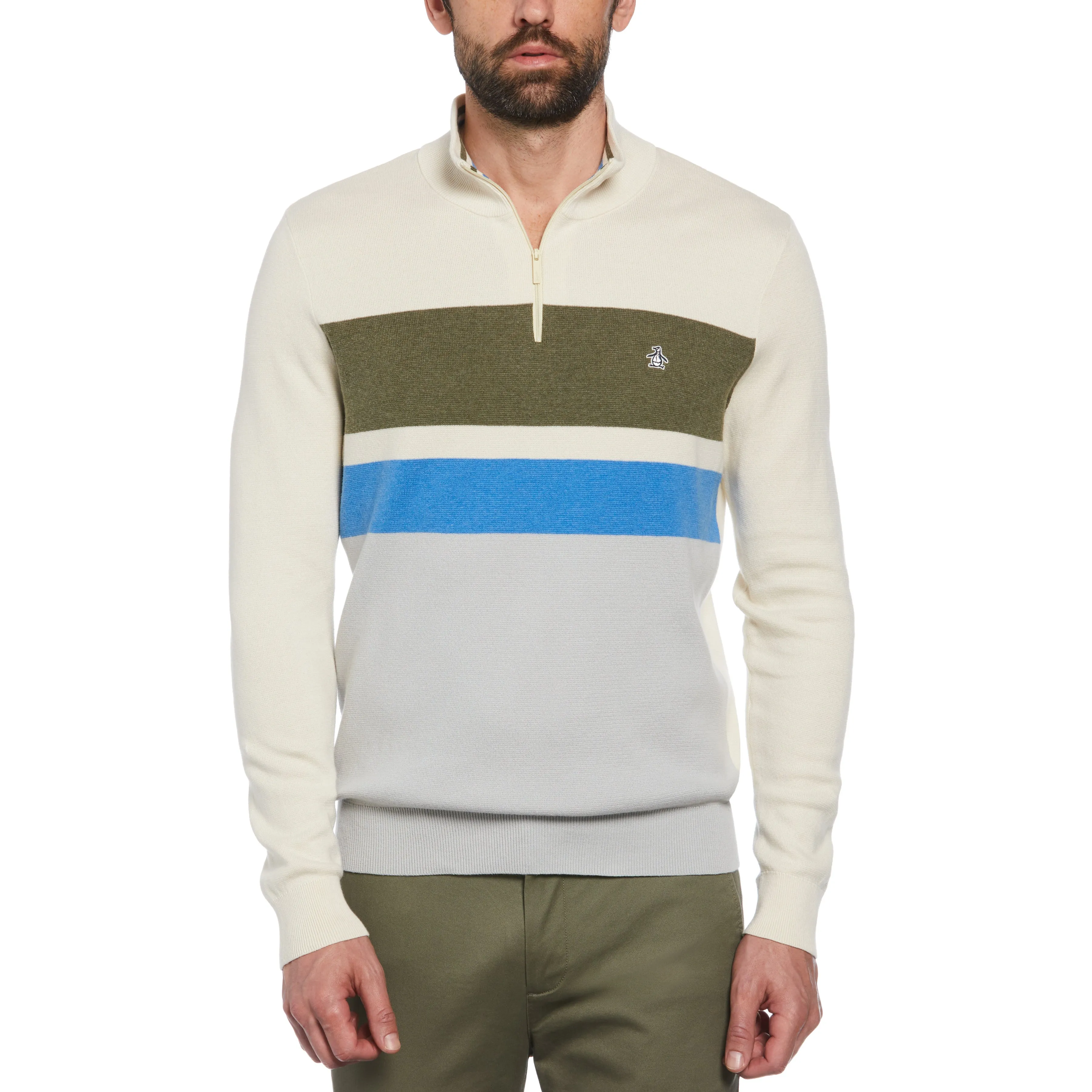 Chest Stripe Quarter Zip Sweater sold by Original Penguin