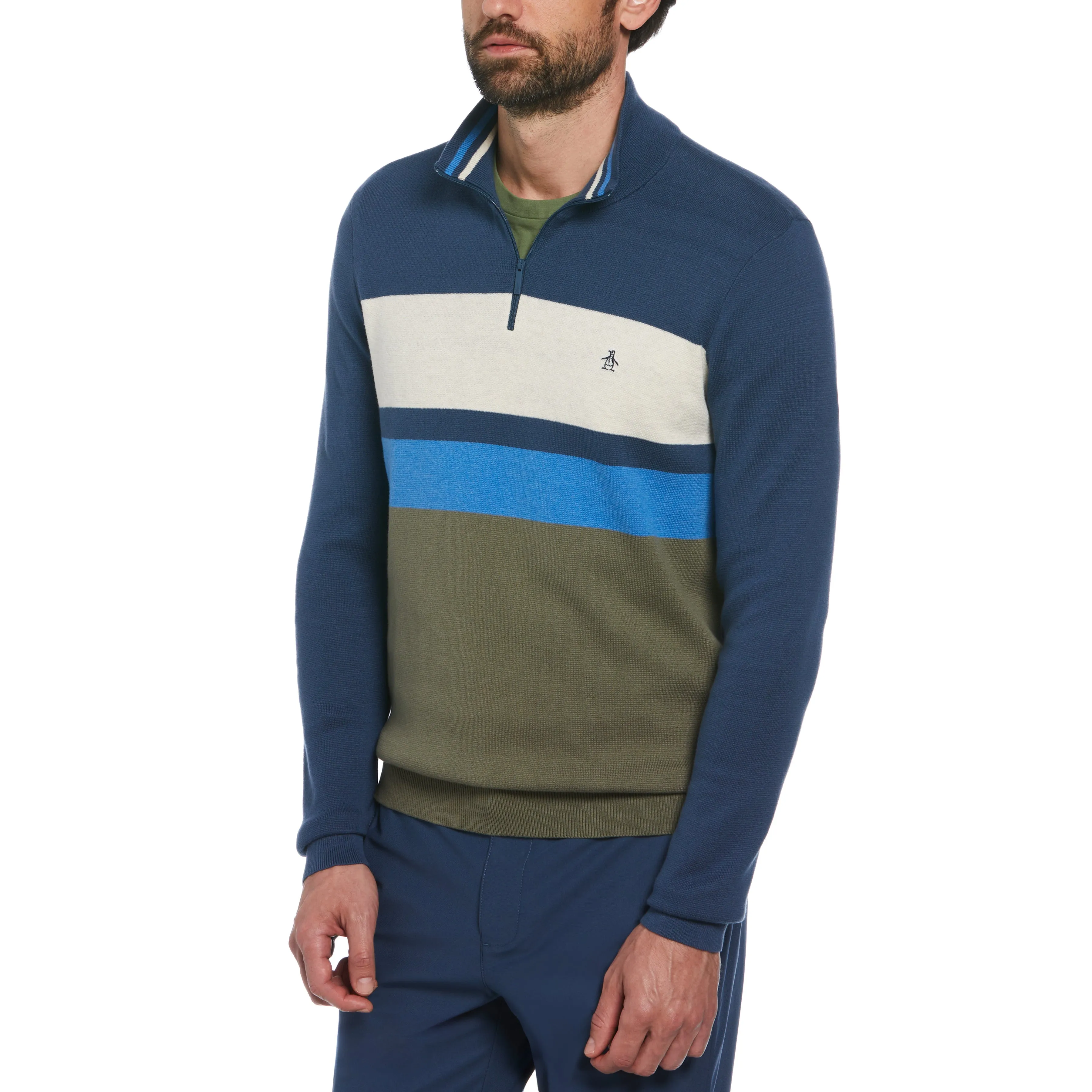 Chest Stripe Quarter Zip Sweater sold by Original Penguin