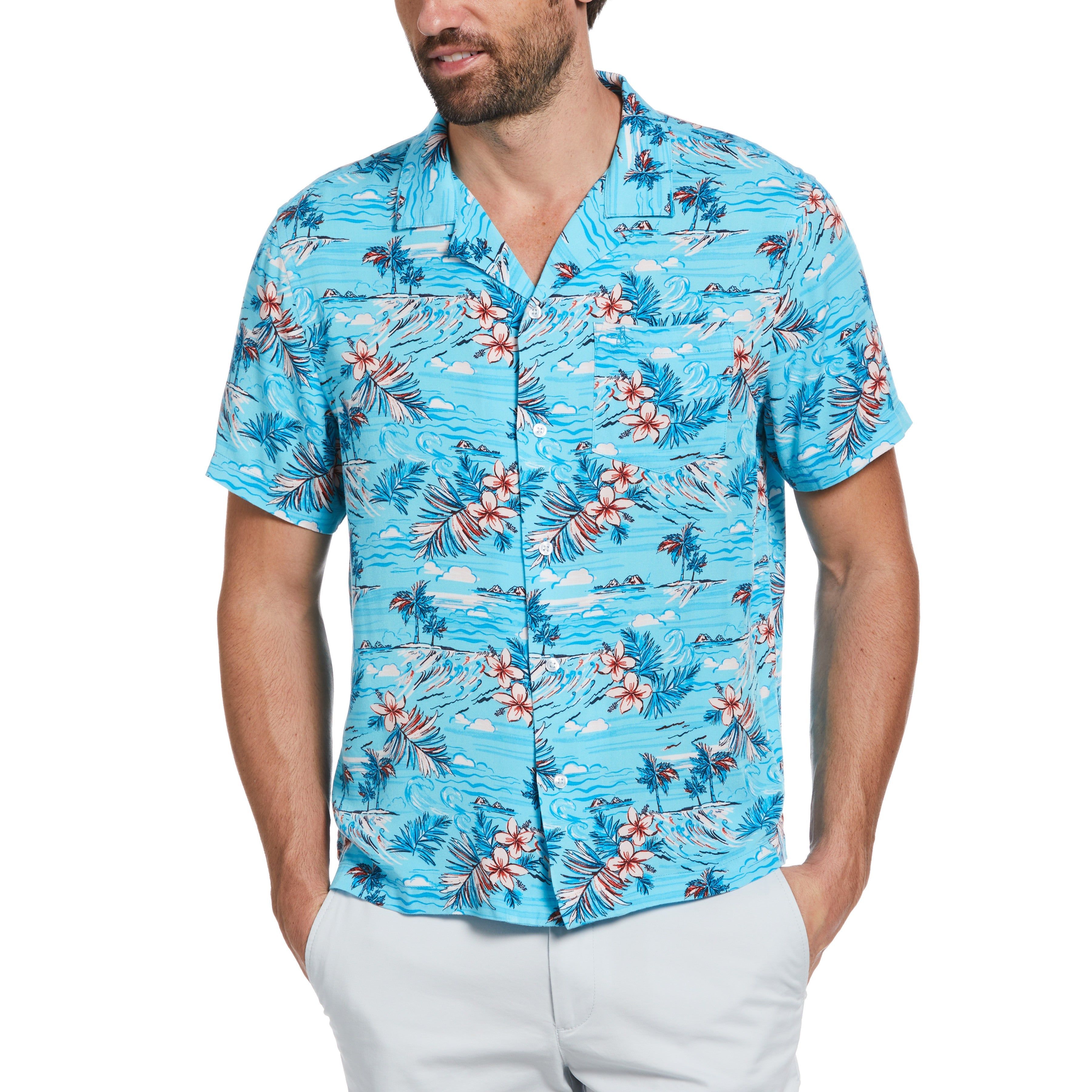 Tropical Floral Print Camp Collar Shirt sold by Original Penguin