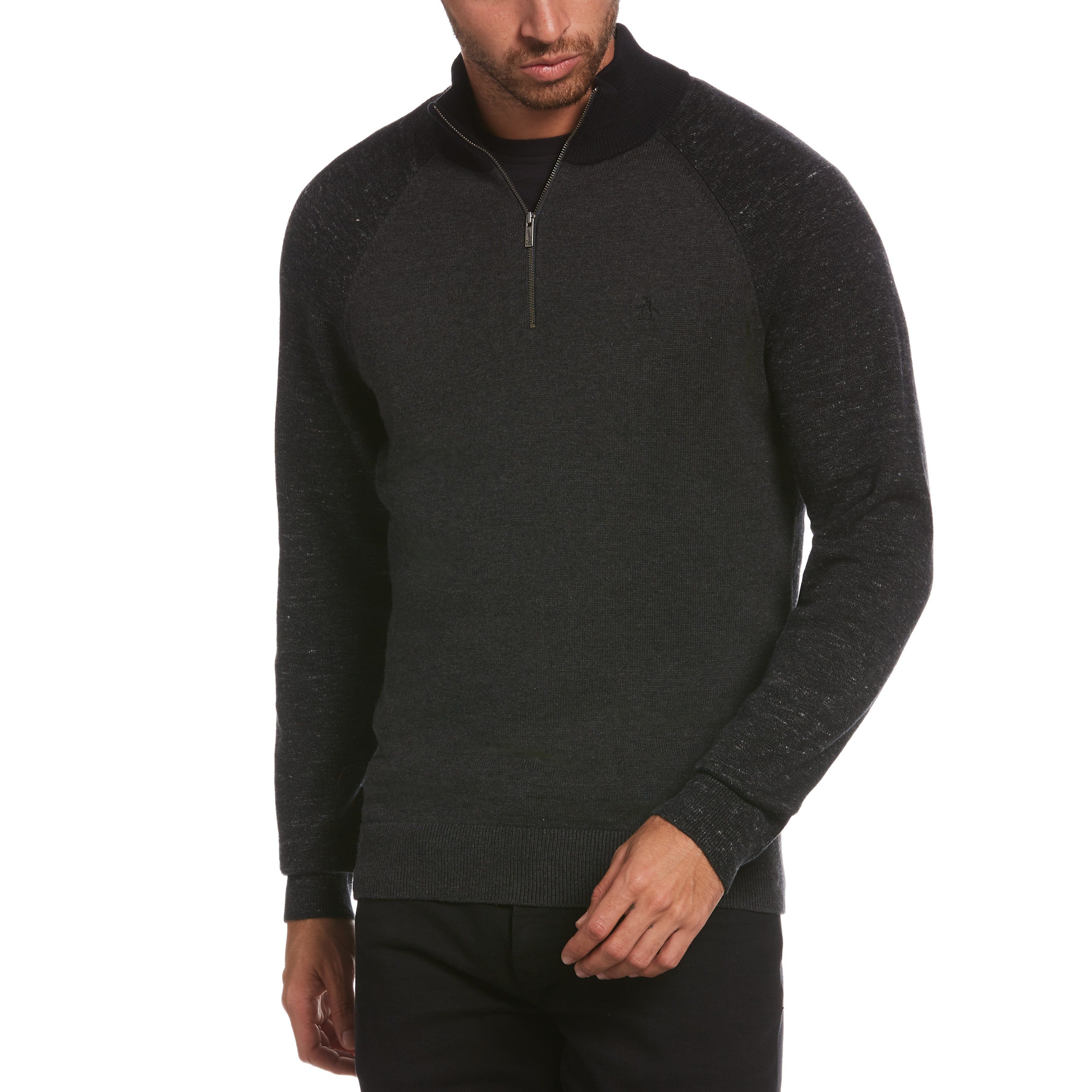 Wool Blend Color Block Quarter Zip Sweater sold by Original Penguin
