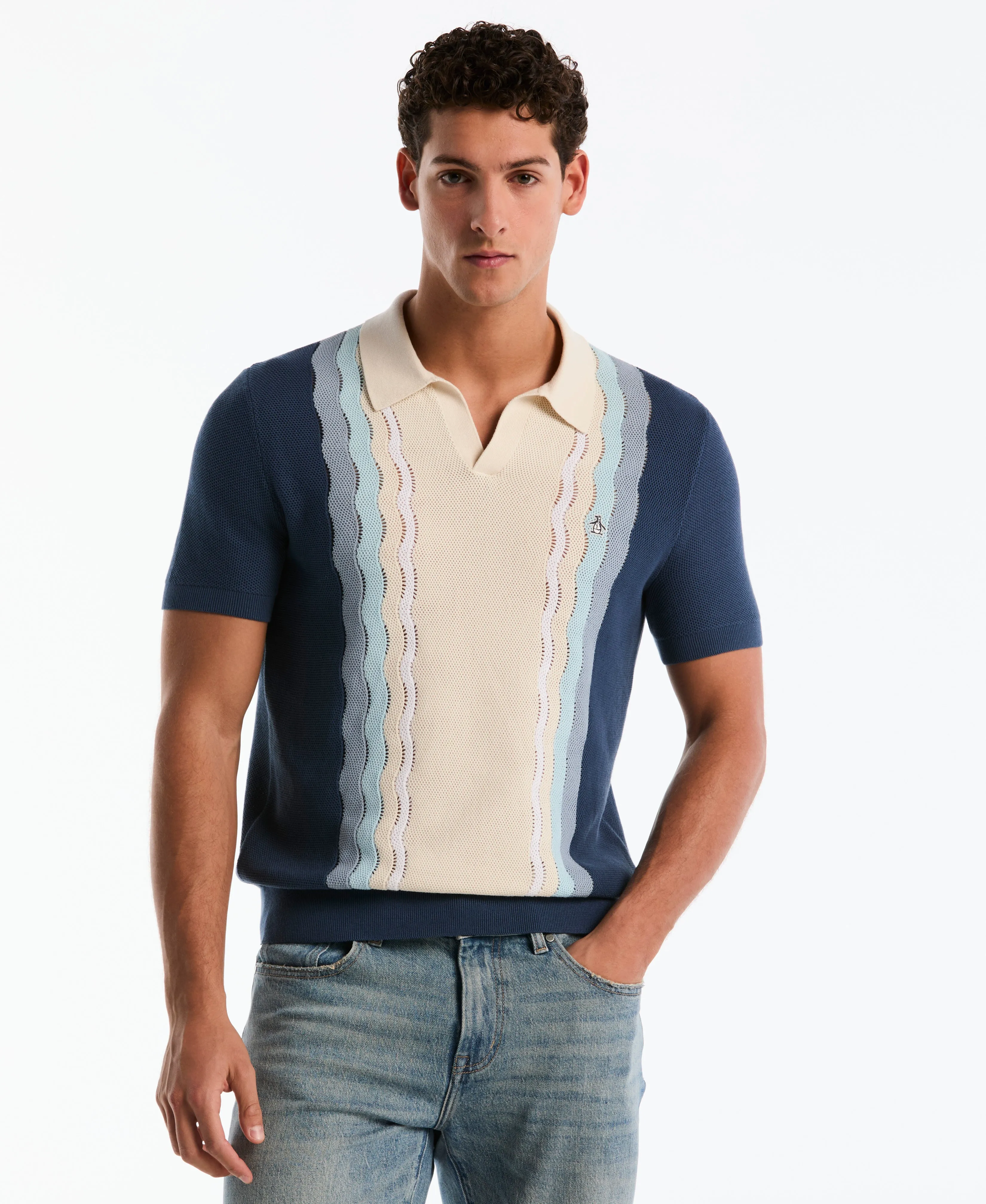 Mesh Striped Johnny Collar Sweater Polo sold by Original Penguin
