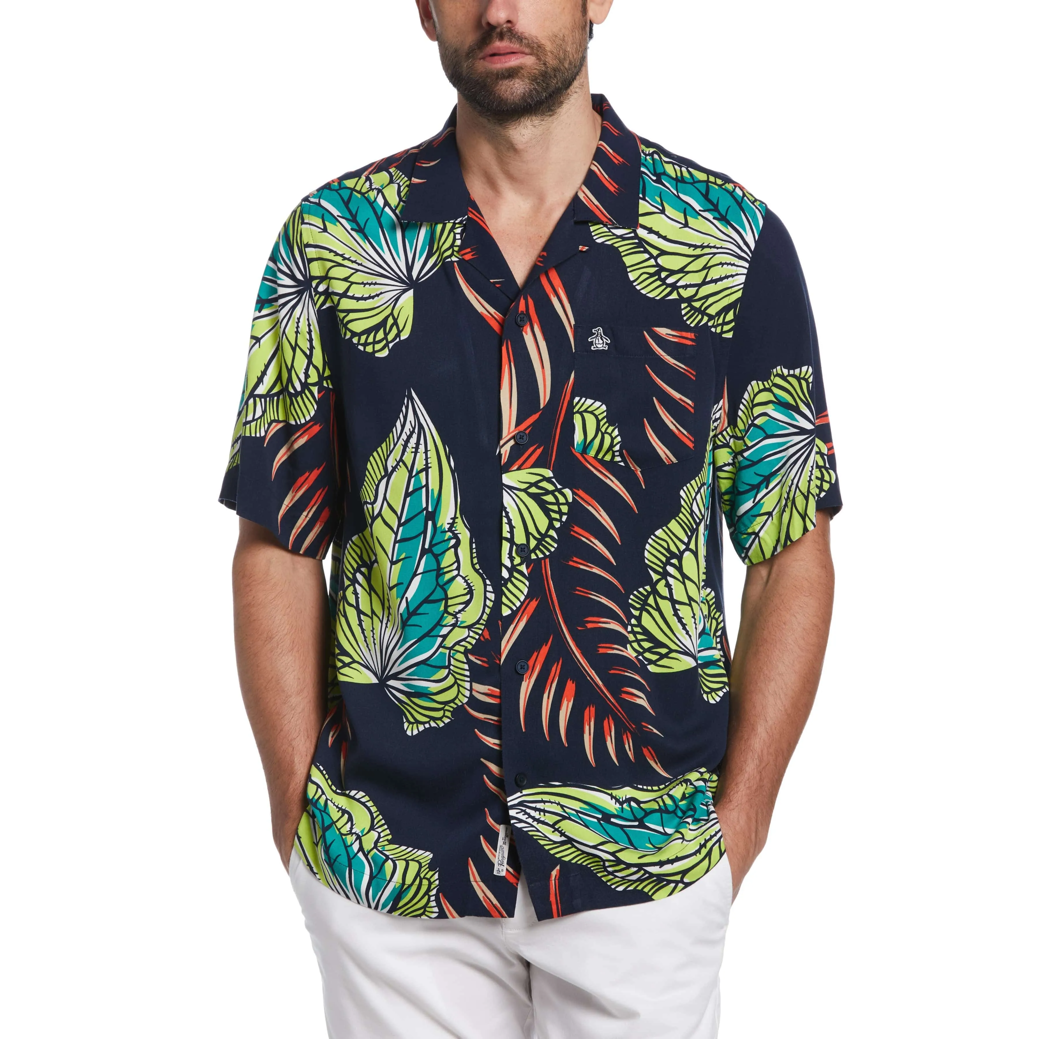EcoVero™ Palm Leaf Print Camp Collar Shirt sold by Original Penguin