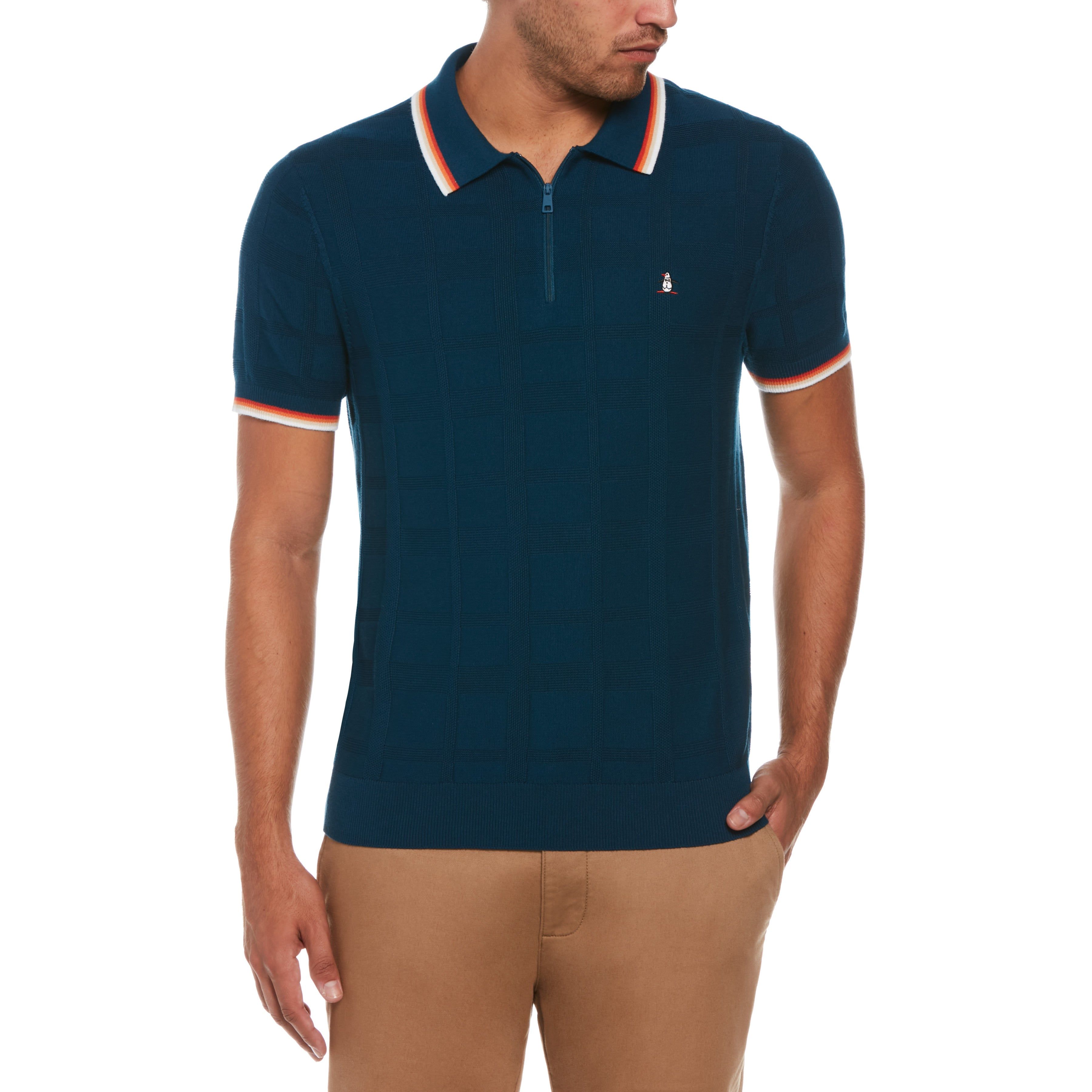 Quarter Zip Tonal Check Jacquard Sweater Polo sold by Original Penguin