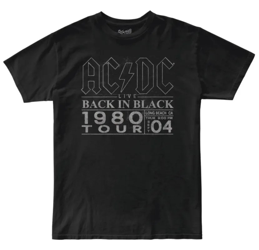 AC/DC Back in Black 1980 Tour Live 100% Cotton Tee made by Original Retro Brand