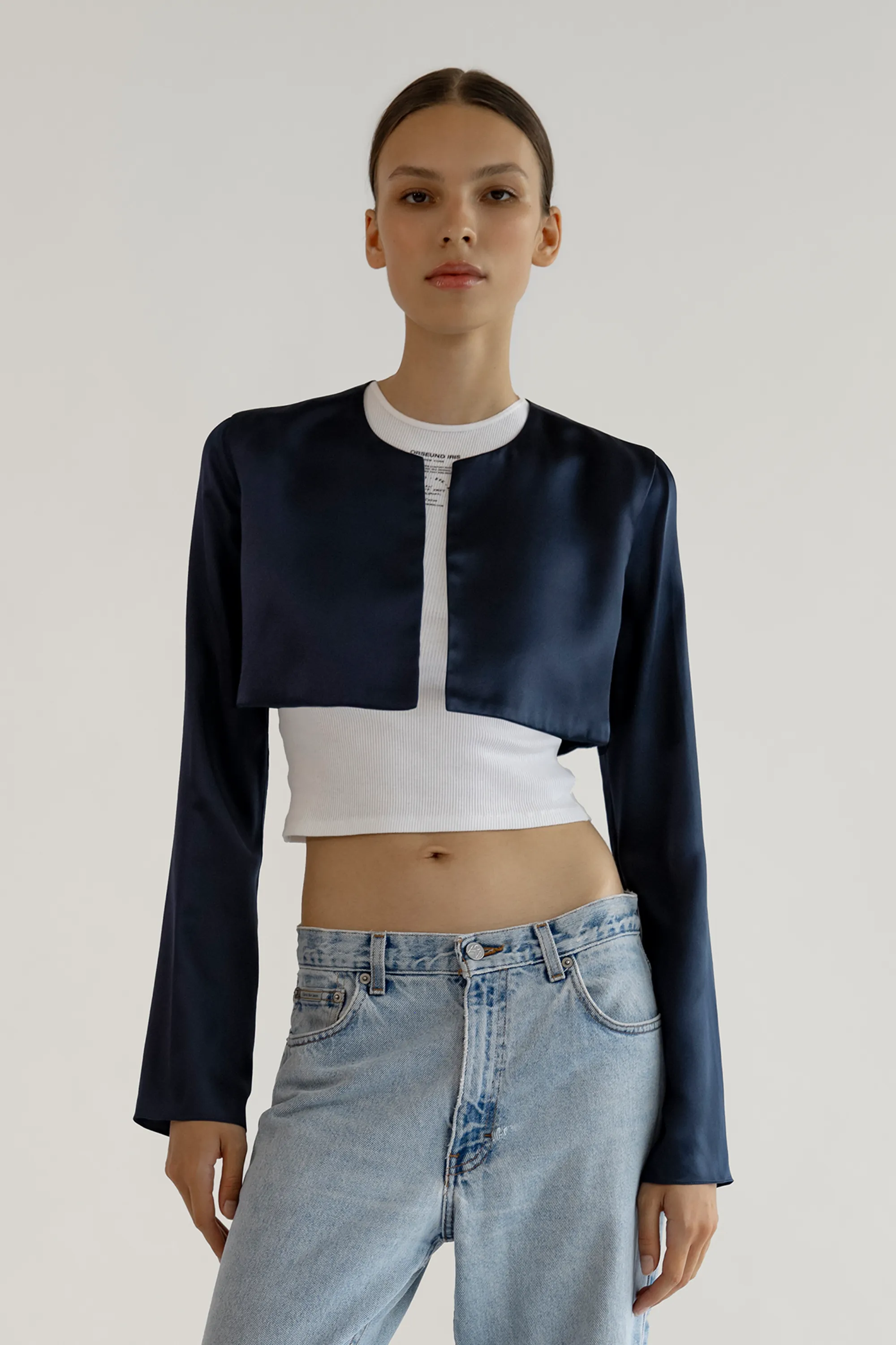 ☆BICOLOR BOW WOOL-BLEND BOLERO JACKET/KIMHEKIM☆ Bicolor Bow Collarless Cropped Jacket - By KIMHEKIM societyA
