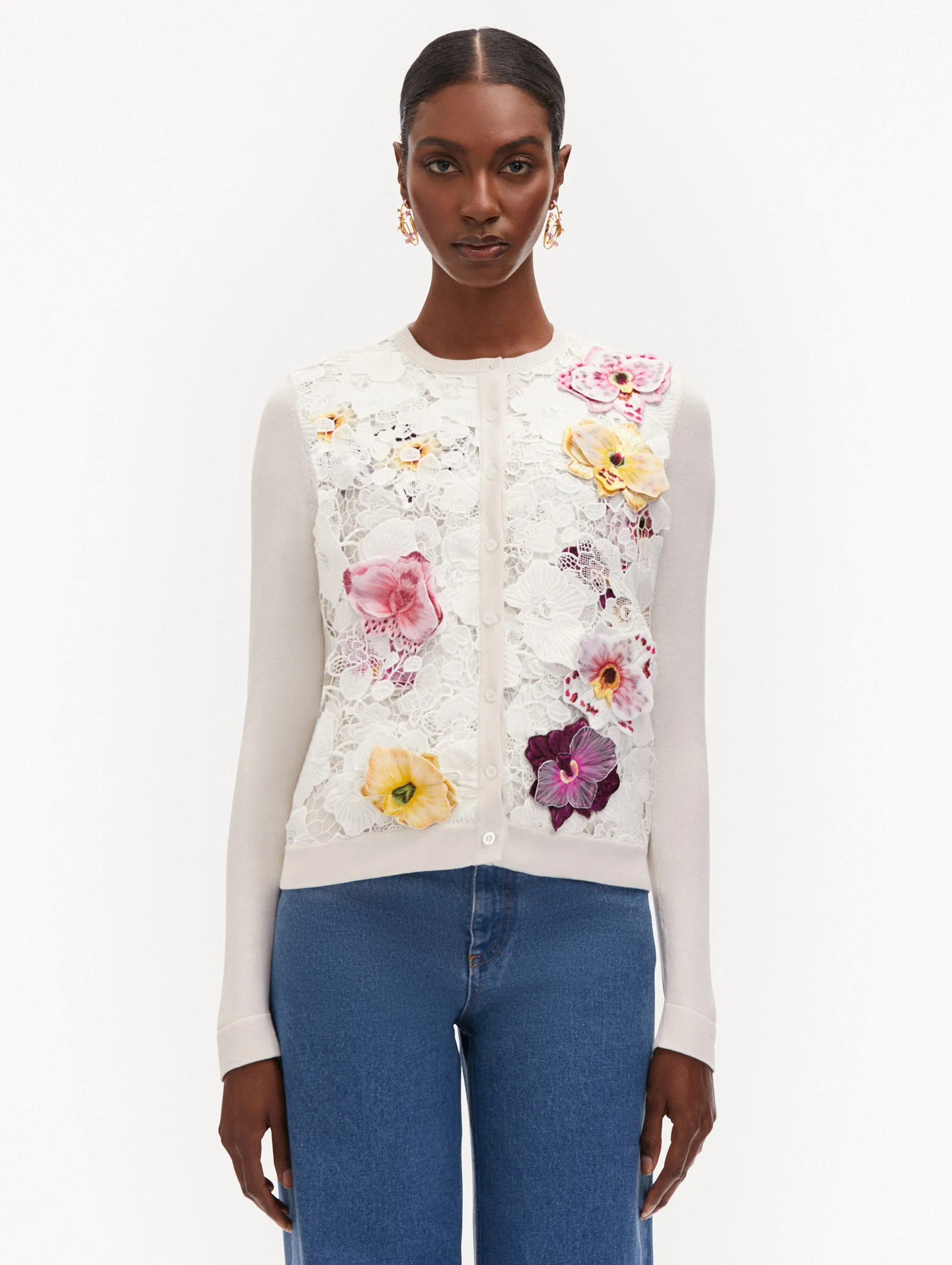 Orchid Threadwork Inset Cardigan sold by Oscar de la Renta product image thumbnail 2