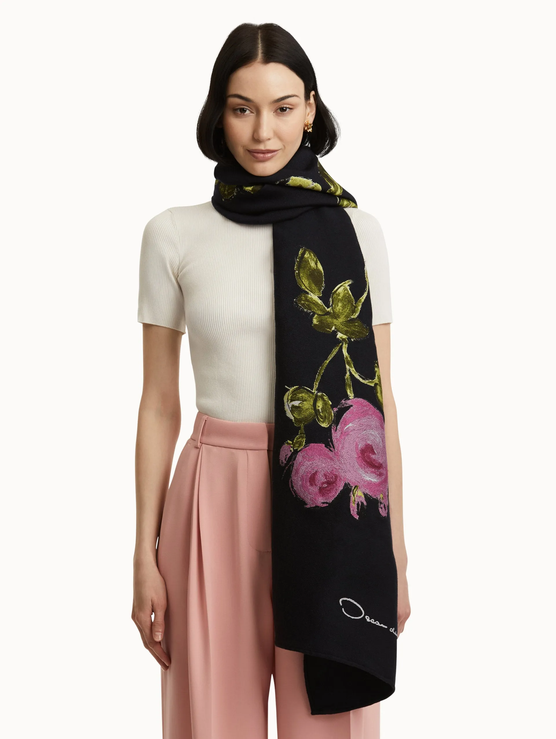 Painted Roses Wool-Blend Scarf sold by Oscar de la Renta product image thumbnail 2