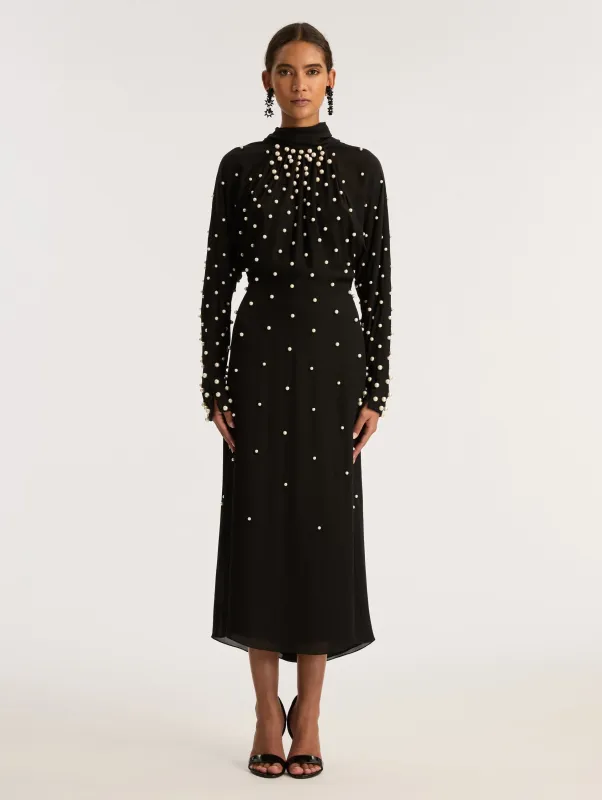 Cluster Pearl Embroidered Georgette Dress sold by Oscar de la Renta
