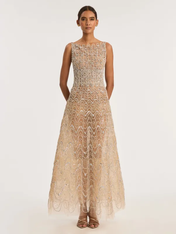 Sleeveless Crystal Wave Embroidered Cocktail Dress made by Oscar de la Renta