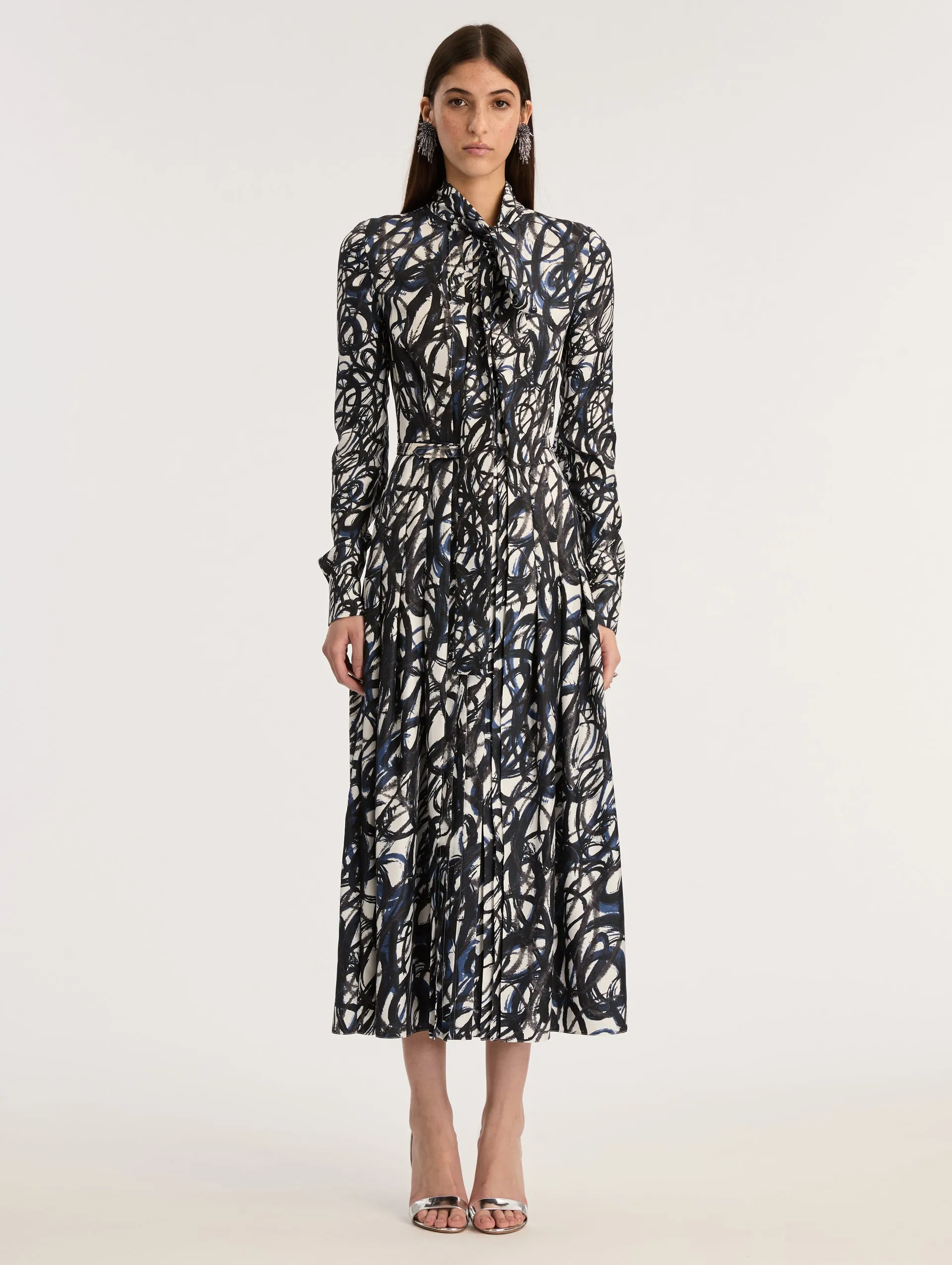 Scribble-Printed Long Sleeve Silk Twill Dress sold by Oscar de la Renta