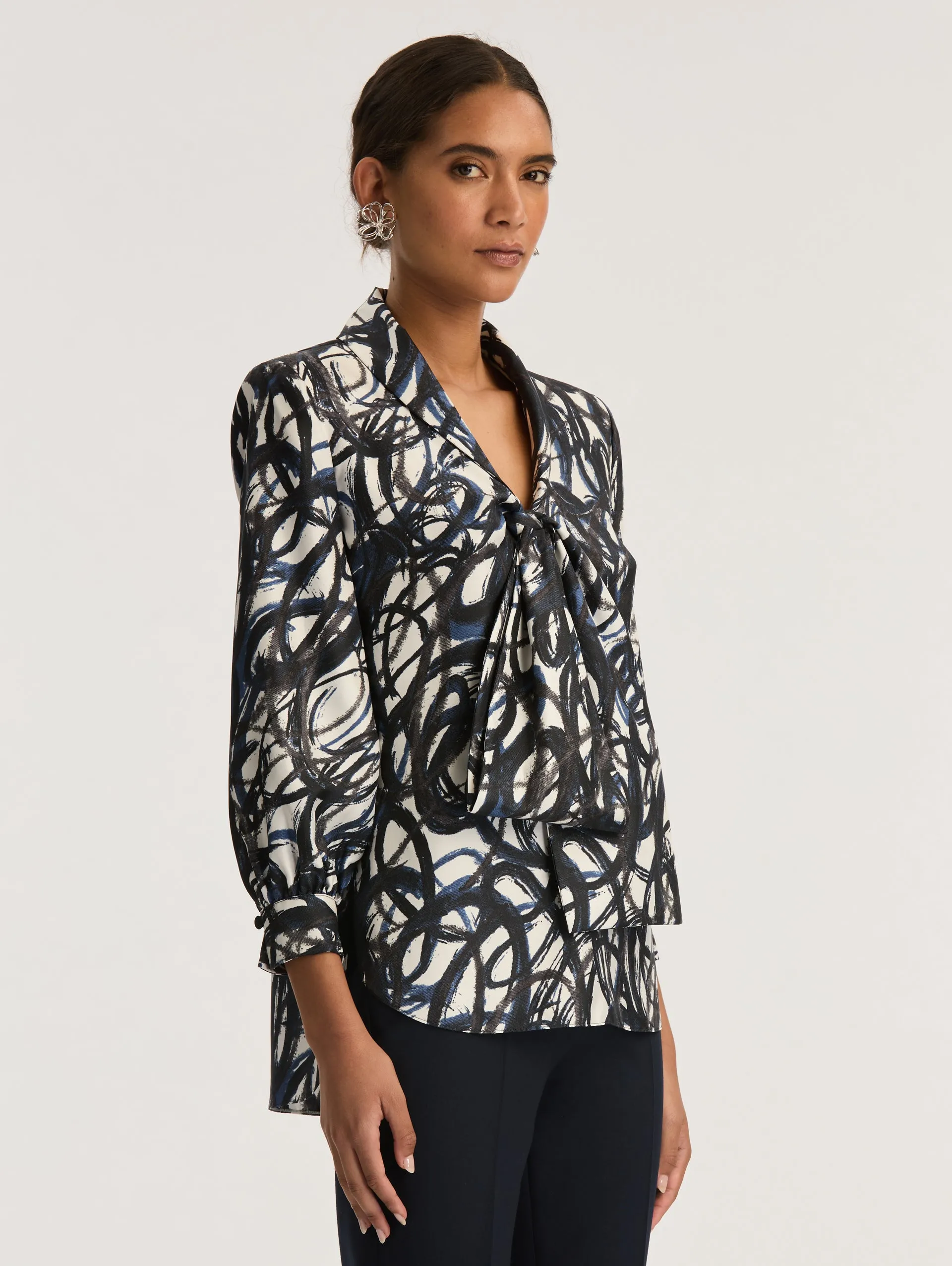 Long Sleeve Scribble Print Silk Twill Blouse sold by Oscar de la Renta product image thumbnail 4