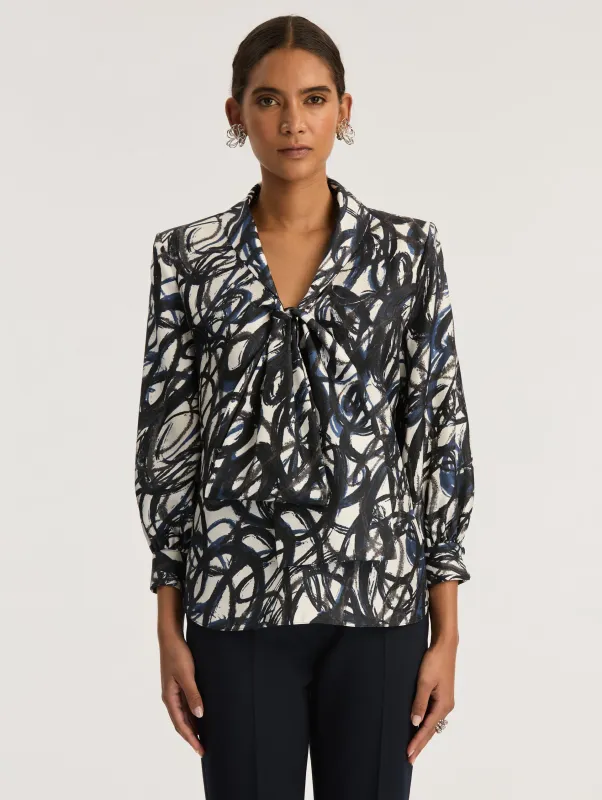 Long Sleeve Scribble Print Silk Twill Blouse sold by Oscar de la Renta