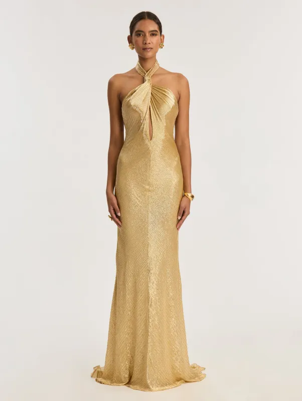 Halter Neck Ombre Bugle Bead Lame Gown made by Oscar de la Renta