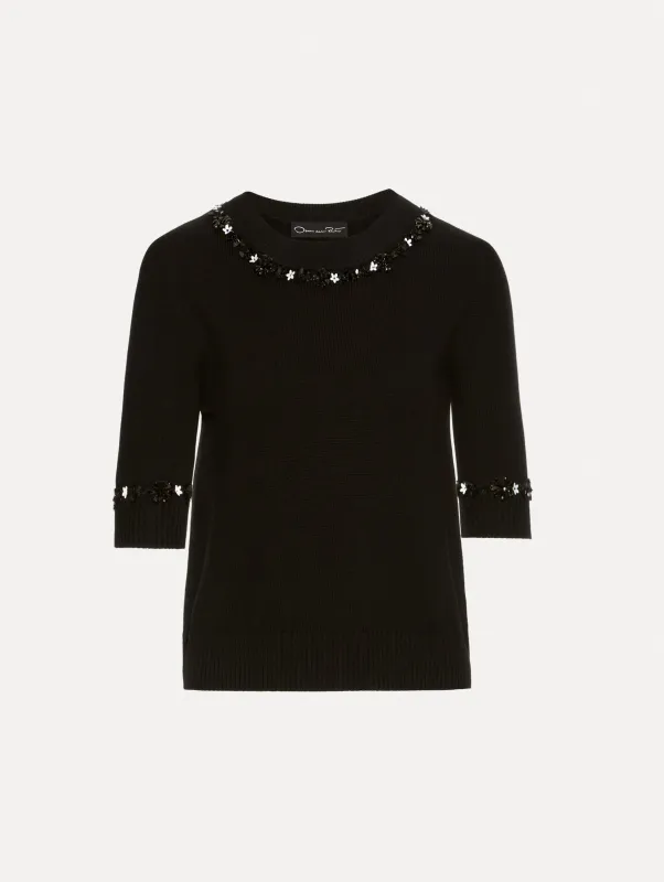 Sequin Floret Trim Pullover sold by Oscar de la Renta
