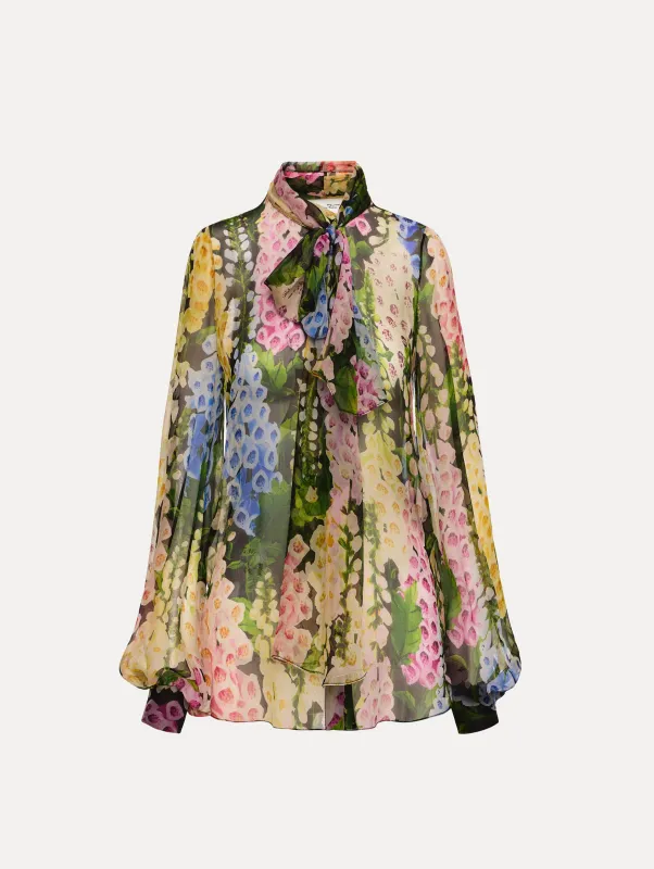 Foxglove Tie-Neck Chiffon Blouse sold by Oscar de la Renta