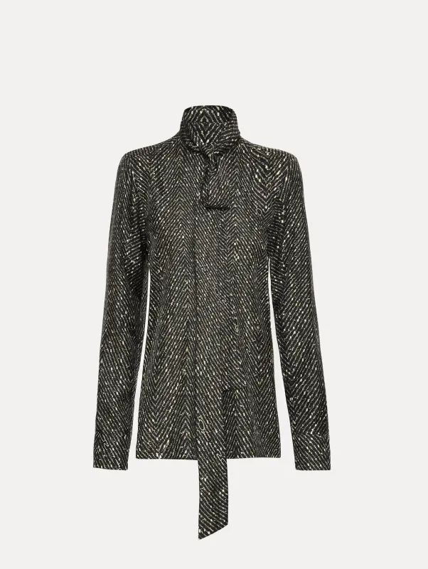 Chevron Tie-Neck Silk Twill Blouse made by Oscar de la Renta