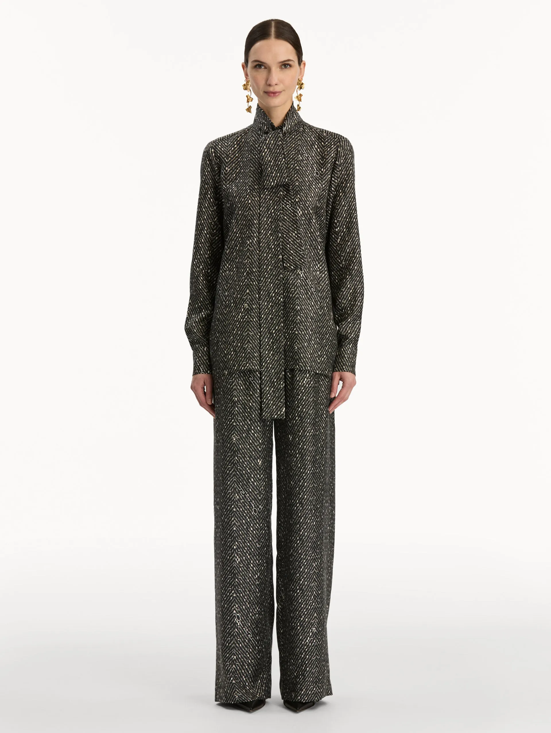 Chevron Tie-Neck Silk Twill Blouse sold by Oscar de la Renta product image thumbnail 2