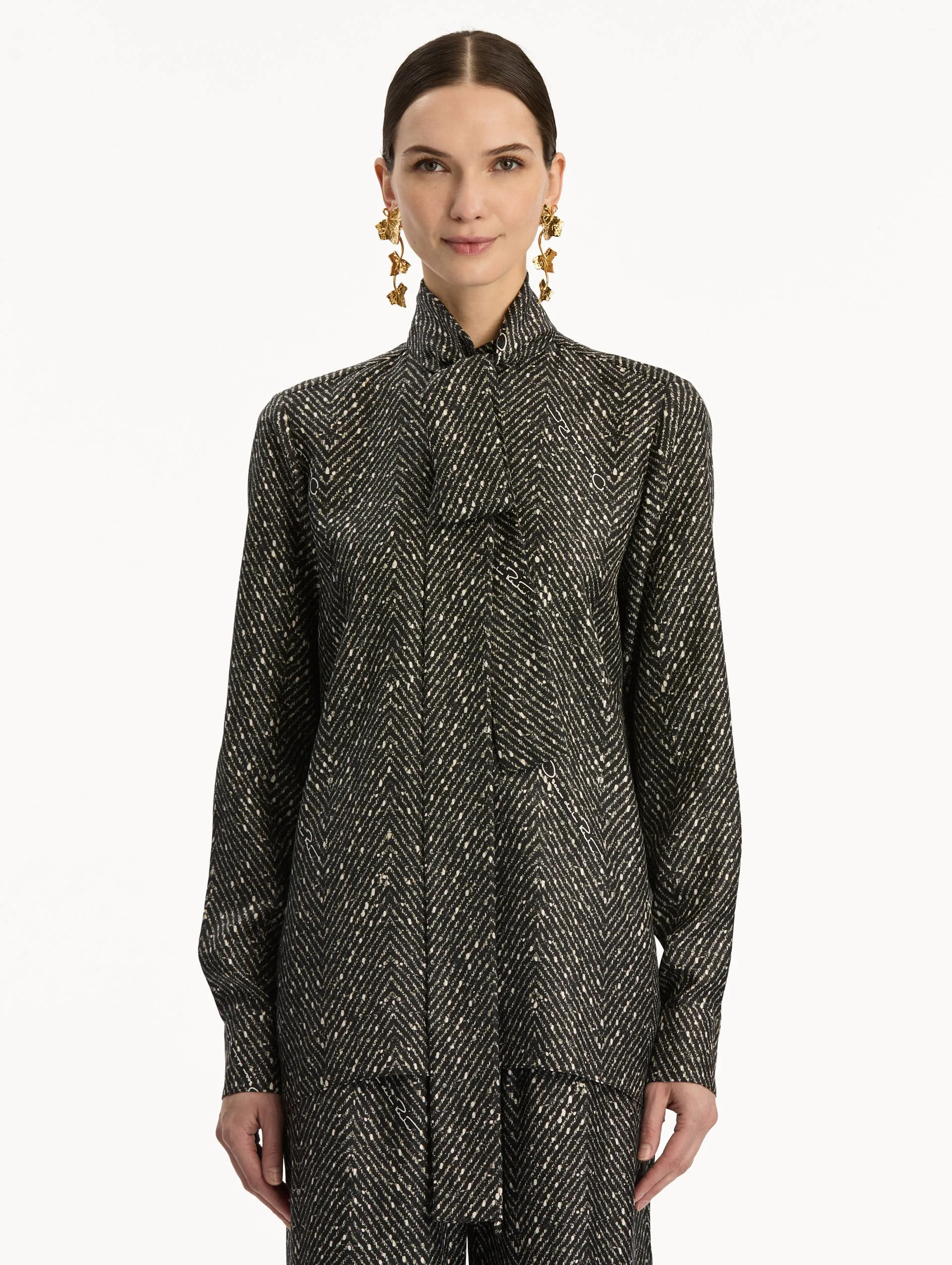 Chevron Tie-Neck Silk Twill Blouse sold by Oscar de la Renta product image thumbnail 3