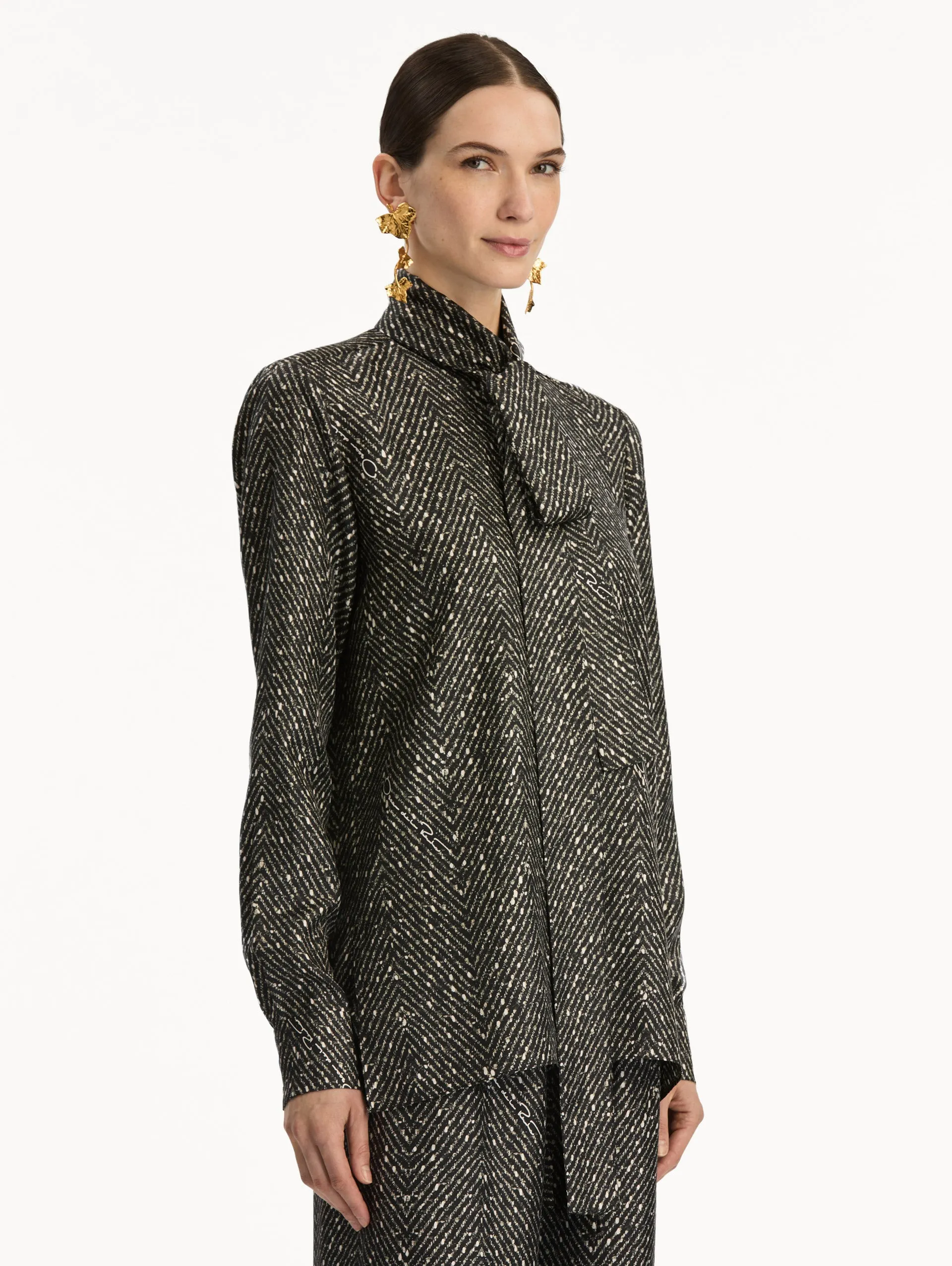 Chevron Tie-Neck Silk Twill Blouse sold by Oscar de la Renta product image thumbnail 5