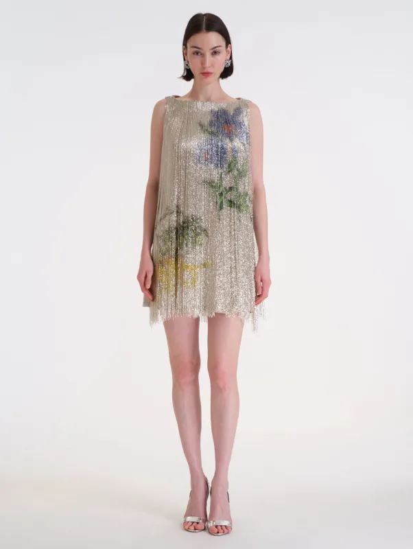 Chiné Hibiscus Fringe Shift Dress sold by Oscar de la Renta