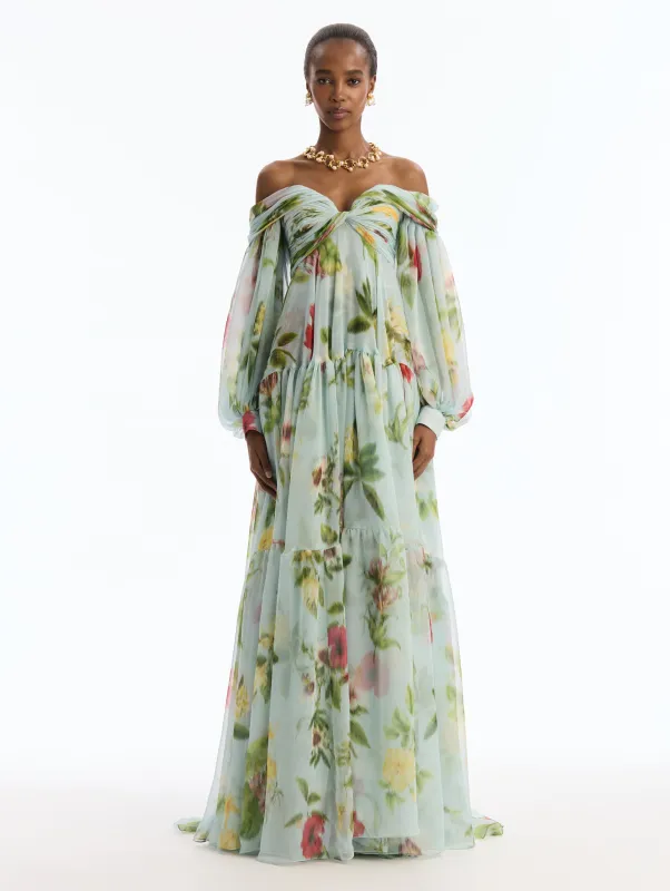 Chiné Dominican Mixed-Floral Chiffon Gown made by Oscar de la Renta