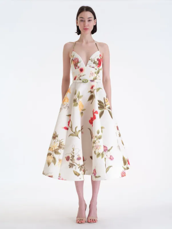 Chiné Dominican Mixed-Floral Faille Dress made by Oscar de la Renta