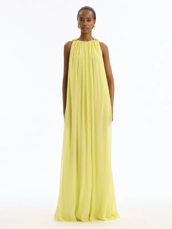 Hibiscus-Detailed Silk Chiffon Caftan made by Oscar de la Renta