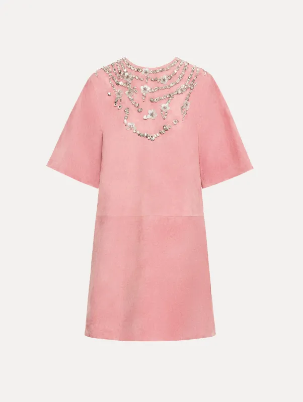 Crystal Necklace Embroidered Suede Dress sold by Oscar de la Renta