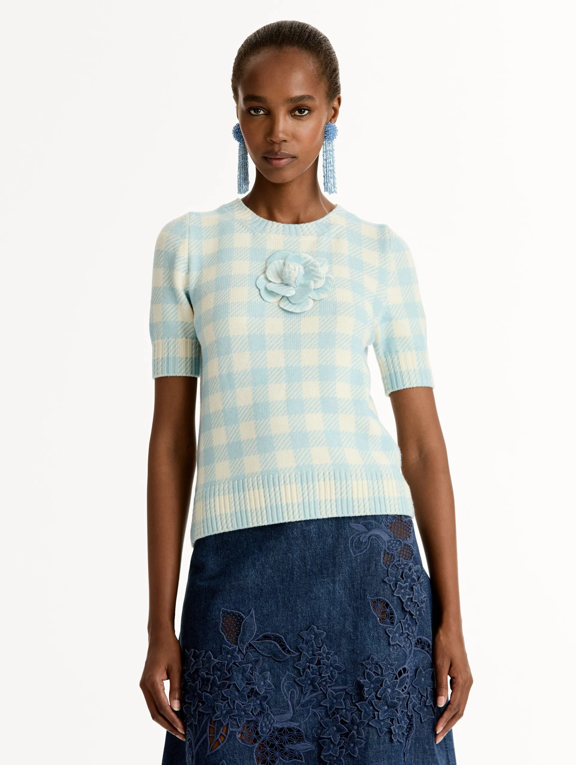Gingham Pullover with Floral Appliqué sold by Oscar de la Renta product image thumbnail 5