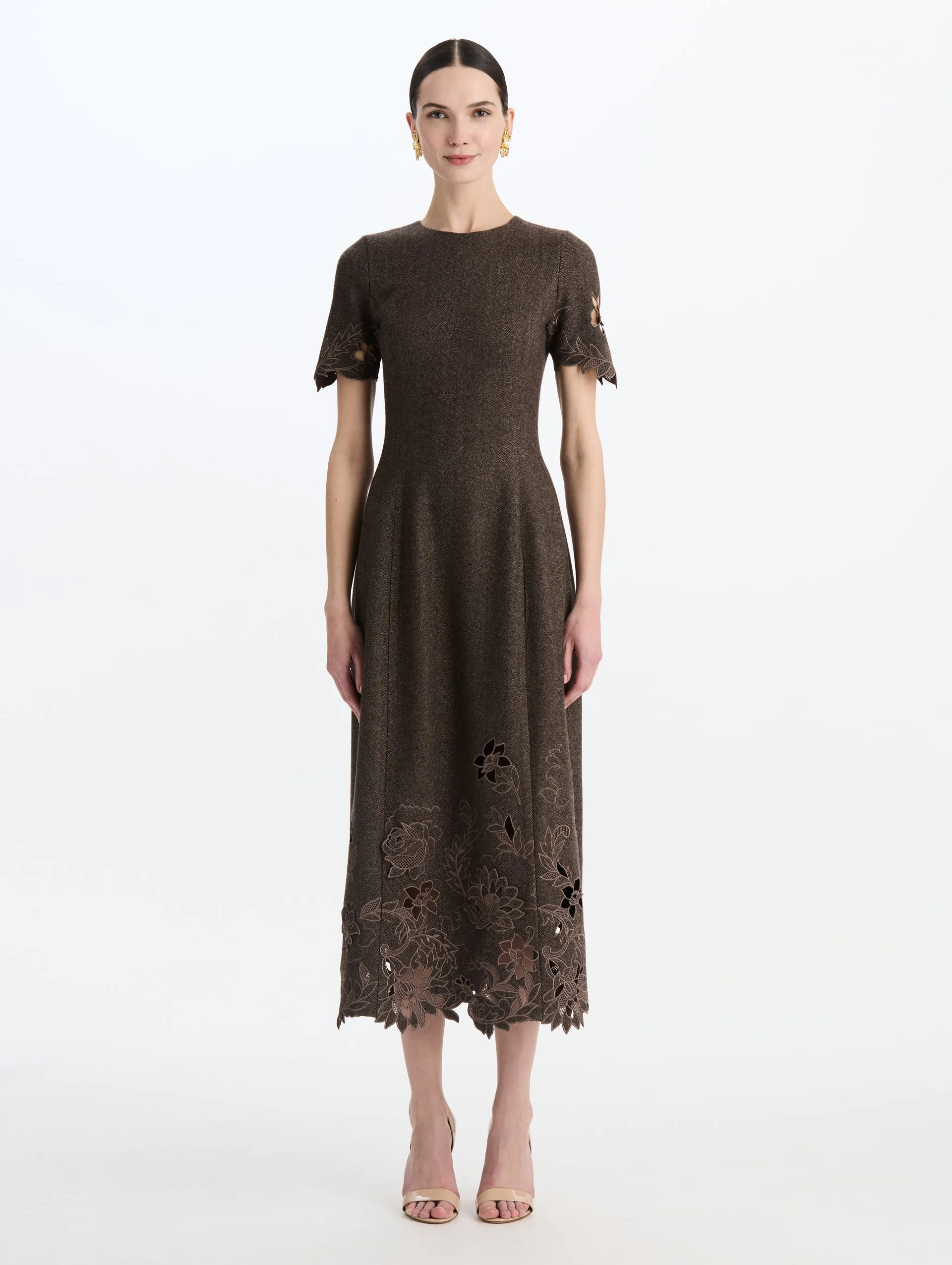 Peony Cutout Twill Herringbone Dress sold by Oscar de la Renta