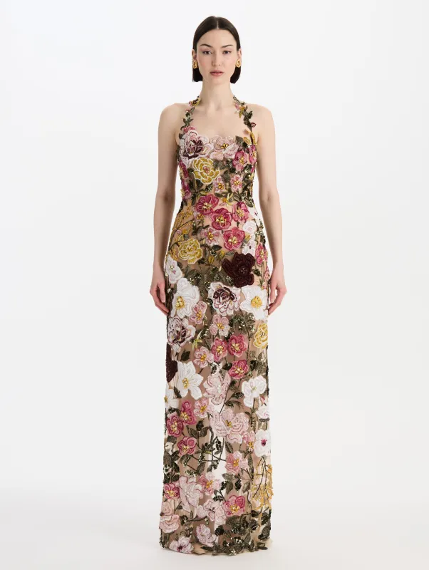 Beaded Mixed Botanical Embroidered Halter Gown made by Oscar de la Renta