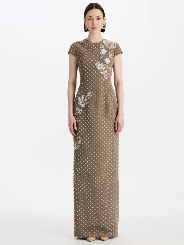 Crystal Grid Floral Embroidered Short Sleeve Gown made by Oscar de la Renta