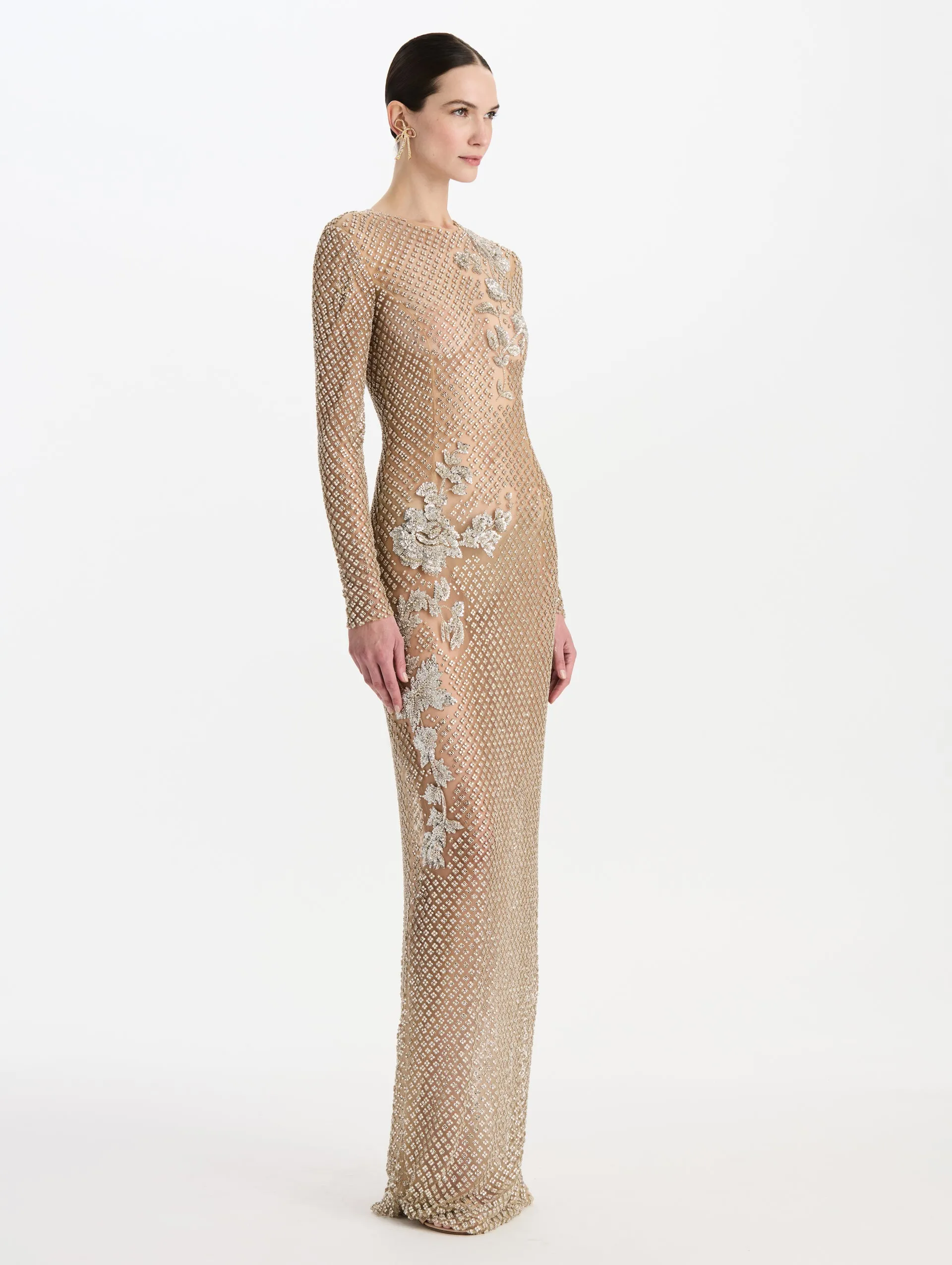 Crystal Grid Floral Embroidered Long Sleeve Gown sold by Oscar de la Renta product image thumbnail 2