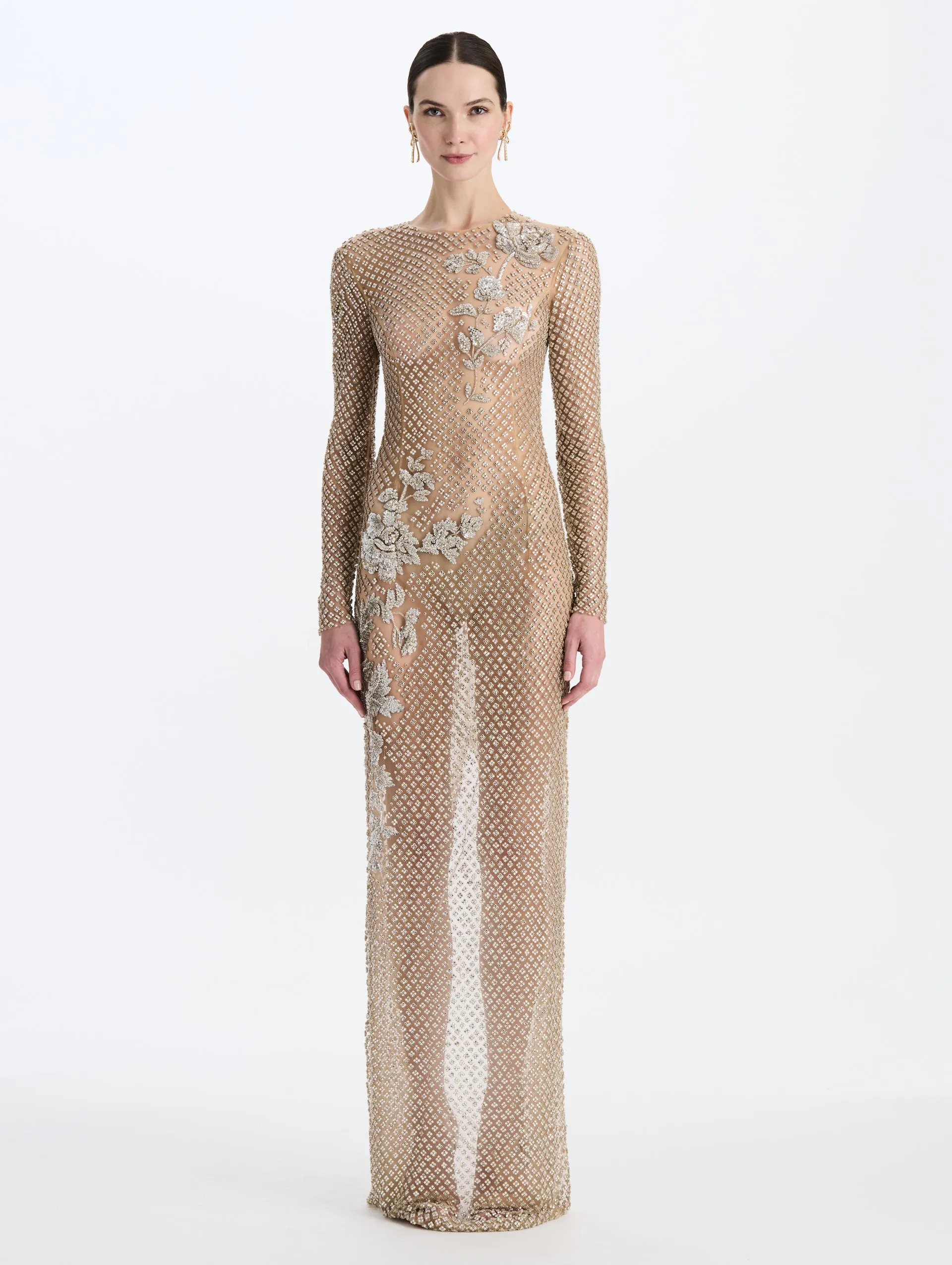 Crystal Grid Floral Embroidered Long Sleeve Gown sold by Oscar de la Renta