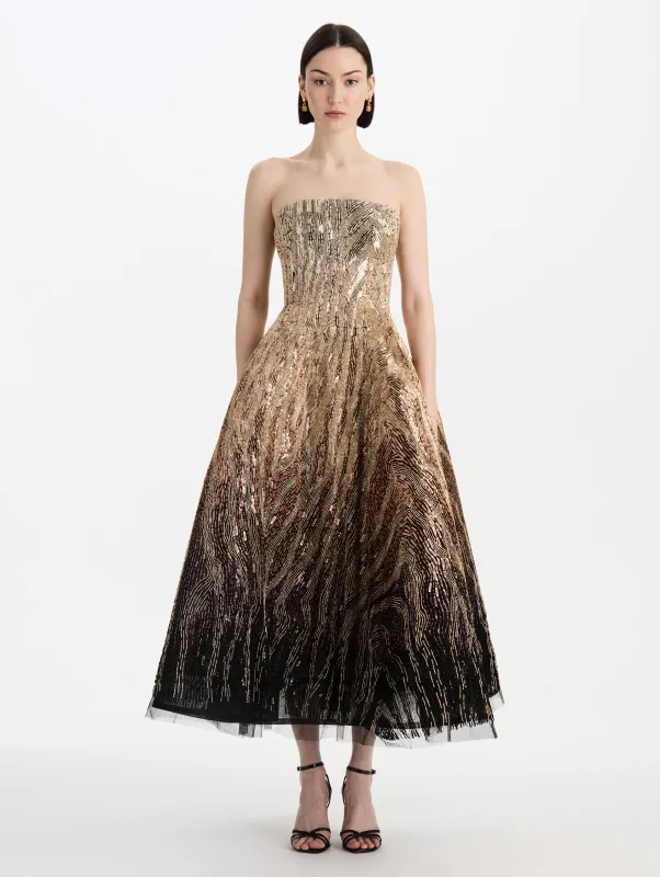 Beaded Sequin Moiré Ombré Tea Length Gown made by Oscar de la Renta
