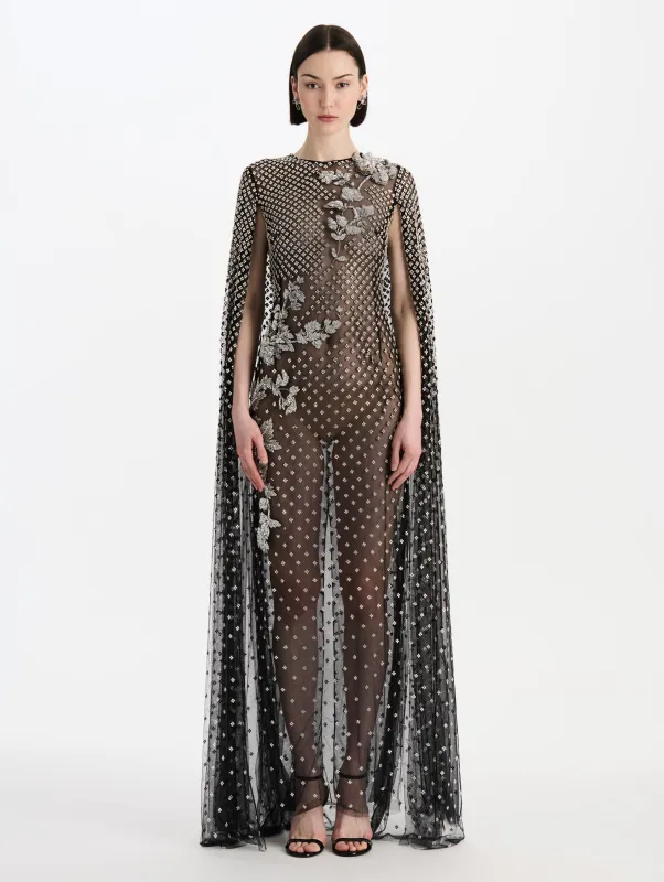 Crystal Grid Floral Embroidered Caftan made by Oscar de la Renta