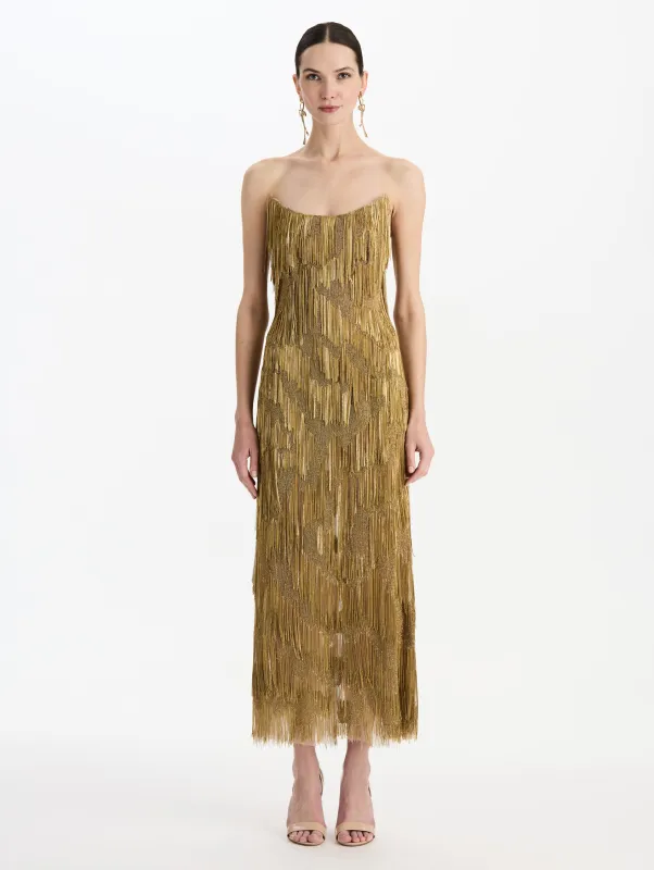 Chain Fringe Moiré Cocktail Dress made by Oscar de la Renta