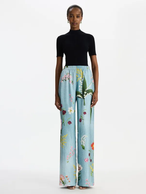 Mixed Botanical Silk Twill Wide Leg Pant sold by Oscar de la Renta