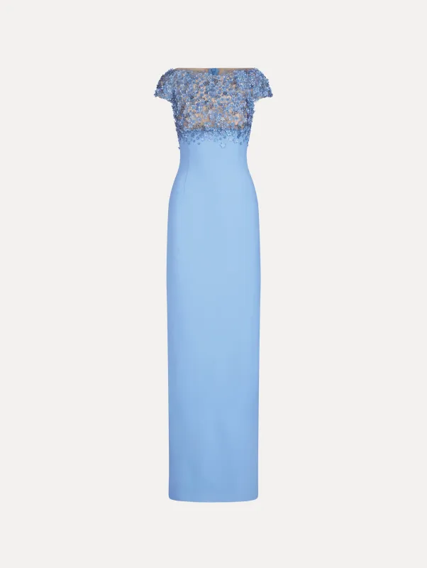 Porcelain Flower Embroidered Cap-Sleeve Gown made by Oscar de la Renta