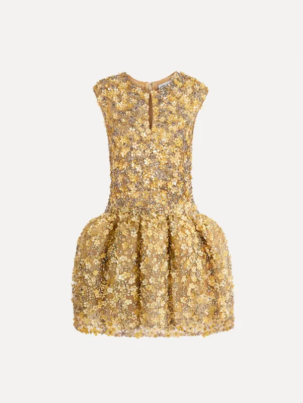 Porcelain Flower Embroidered Cap-Sleeve Dress made by Oscar de la Renta