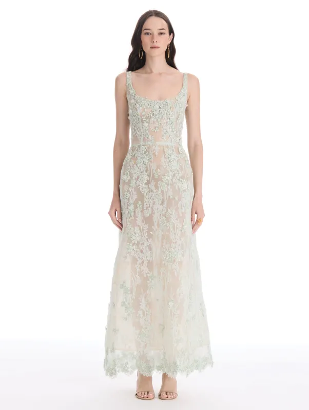 Floral Embroidered Chantilly Lace Gown made by Oscar de la Renta