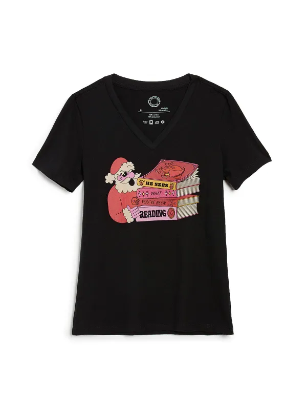 Santa: He Sees What You've Been Reading Women's V-Neck T-Shirt (Print Shop) sold by Out of Print