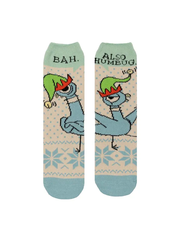 Don't Let the Pigeon Drive the Sleigh cozy socks sold by Out of Print