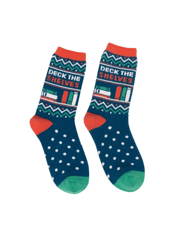 Deck the Shelves cozy socks sold by Out of Print