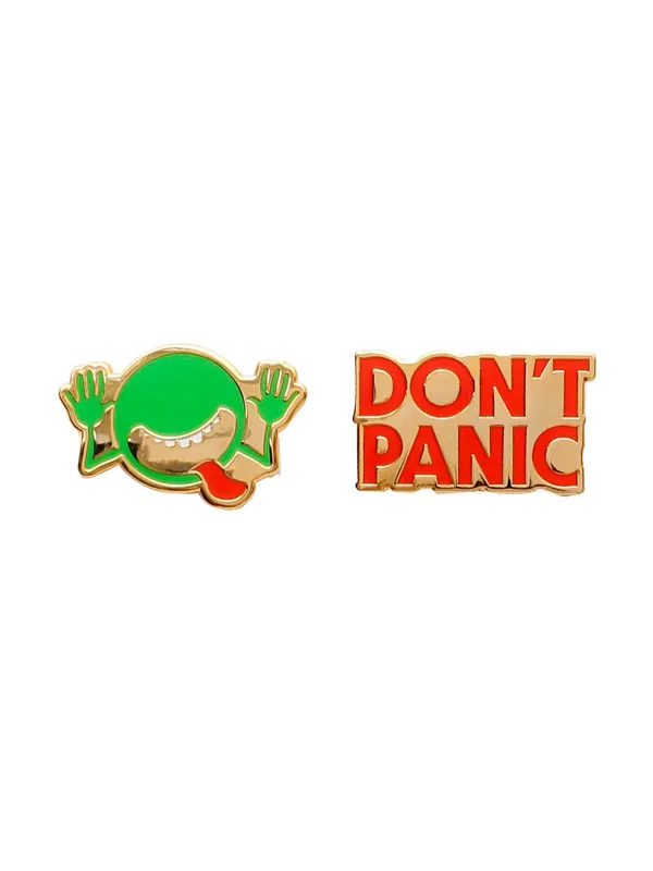 The Hitchhiker's Guide to the Galaxy enamel pin set sold by Out of Print