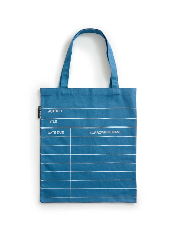 Library Card: Blue tote bag made by Out of Print