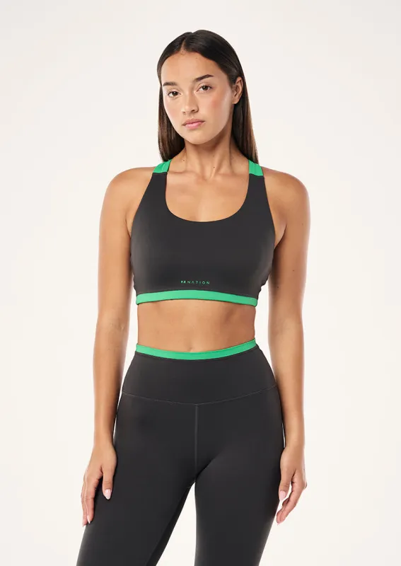 HIGHGATE SPORTS BRA IN CAVIAR & KELLY GREEN sold by P.E Nation