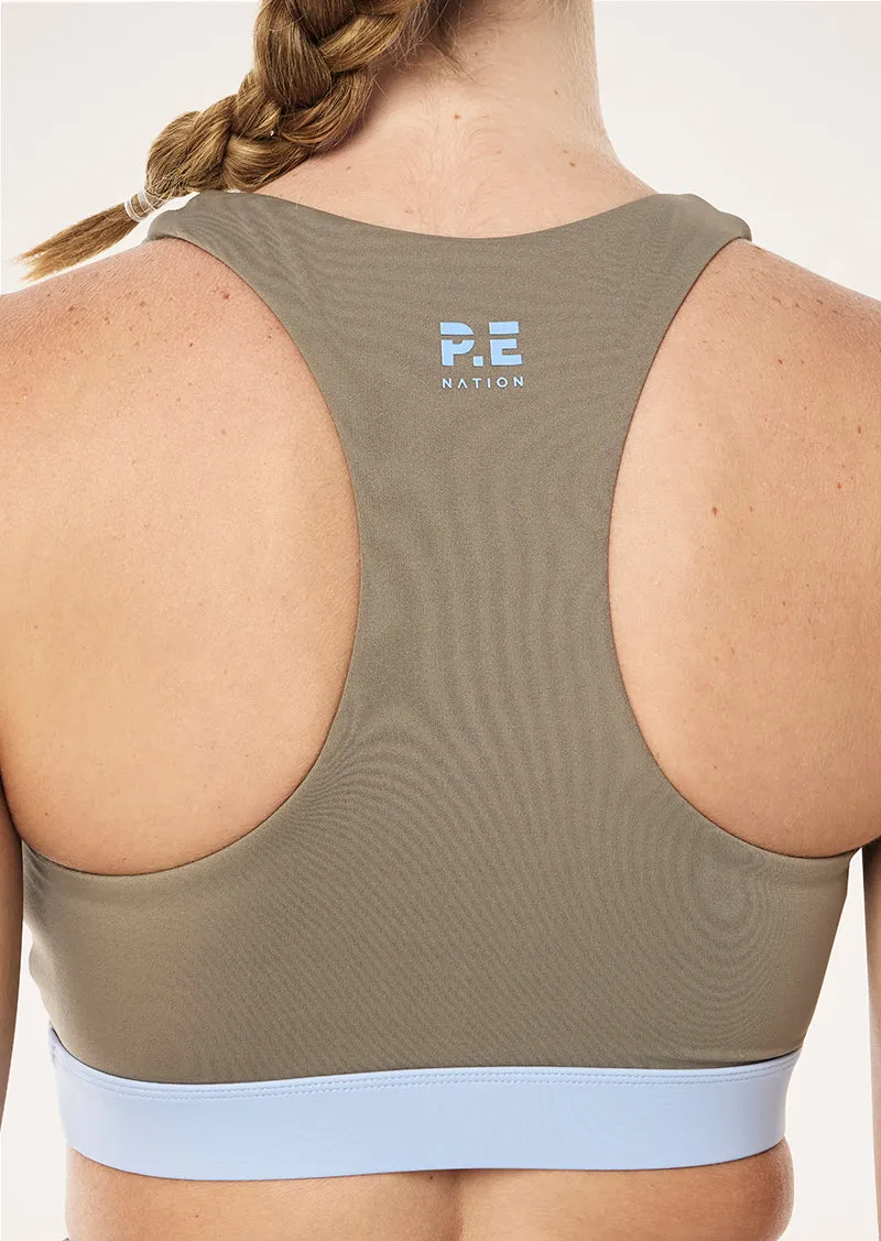 FREQUENCY SPORTS BRA IN FAWN & DUSTY BLUE sold by P.E Nation product image thumbnail 2