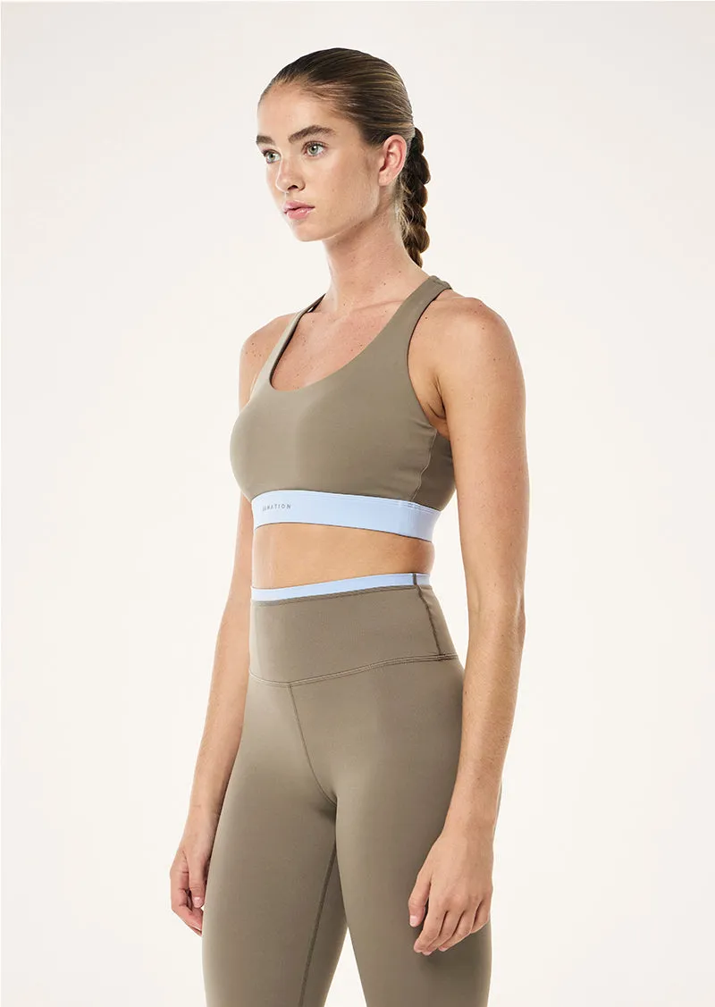 FREQUENCY SPORTS BRA IN FAWN & DUSTY BLUE sold by P.E Nation product image thumbnail 3