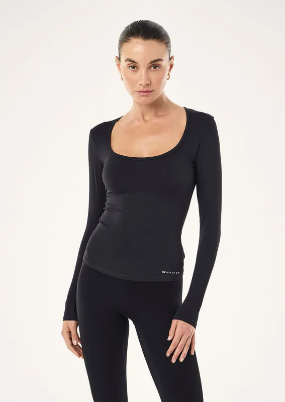 FOUNDATION SCOOP LONG SLEEVE TOP IN BLACK made by P.E Nation